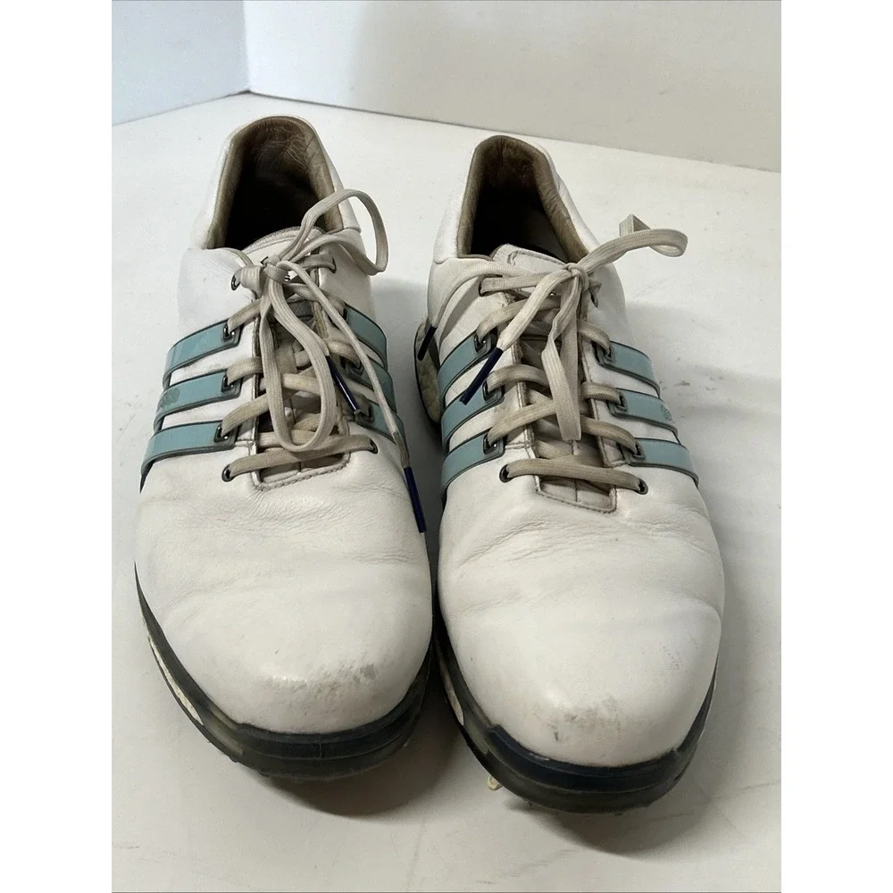 Adidas Tour360 Boost Golf Shoes Mens 9.5 White Blue Spiked Leather